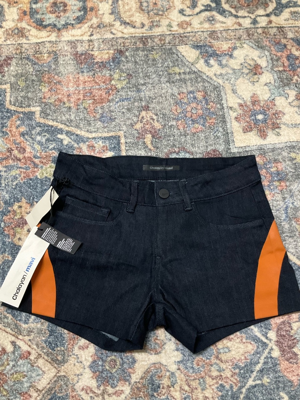 Chalayan/mavi Blue Denim Bike Shorts with Orange Side Panels